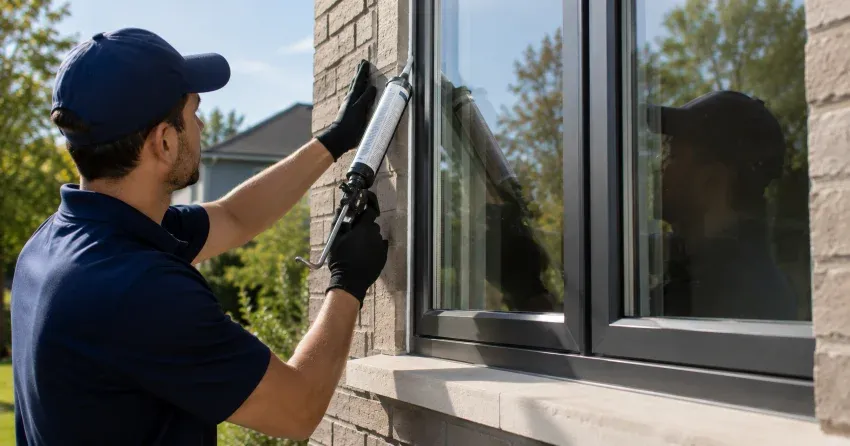Aluminum window frame with double glazed insulated glass unit installed in a residential wall in Harvest Hills Towns, Ingersoll