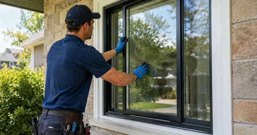 technician measuring a broken window pane for replacement in Ingersoll