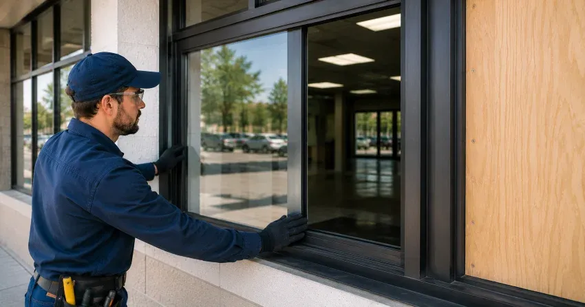 technician boarding a broken window after a break-in in Oxford Village, Ingersoll