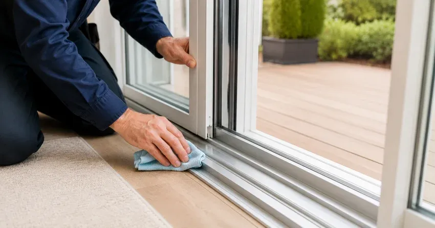technician inspecting a sliding patio door track in Ingersoll