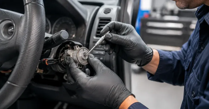 technician diagnosing an ignition lock repair issue in Ingersoll