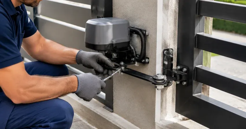 technician diagnosing automatic gate motor and control panel in Westfield Ingersoll, Ingersoll