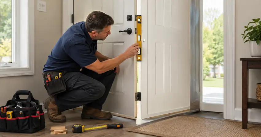 technician diagnosing a misaligned door frame in Ingersoll