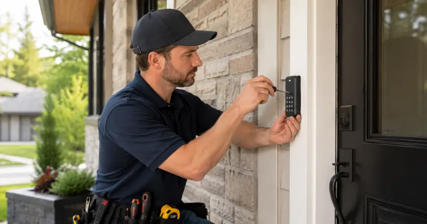 Technician installing an access control system keypad beside a residential front door in Harvest Hills Towns, Ingersoll