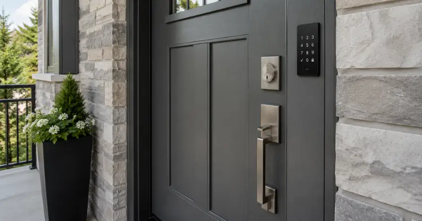 High-security door hardware and access control keypad installed on a residential entry door in Ingersoll