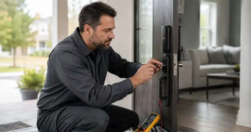 technician diagnosing automatic door lock mechanism on residential door in Ingersoll