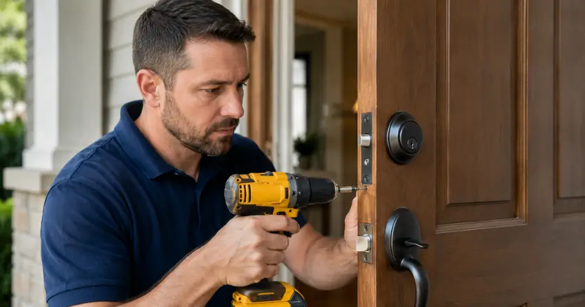 technician installing a new deadbolt during Change Door Lock Ingersoll service