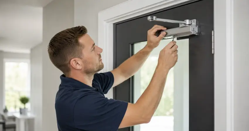 technician adjusting door closer hydraulic valve in Oxford Village, Ingersoll home