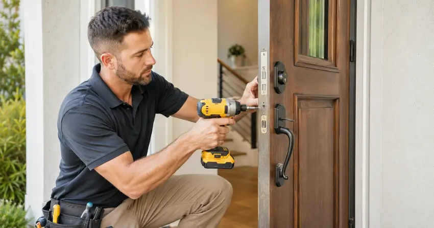 locksmith installing new deadbolt lock on front door in Oxford Village, Ingersoll