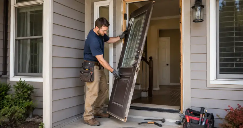 old exterior door being removed for replacement in Ingersoll