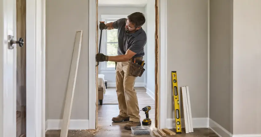 technician removing an old interior door frame during installation Ingersoll