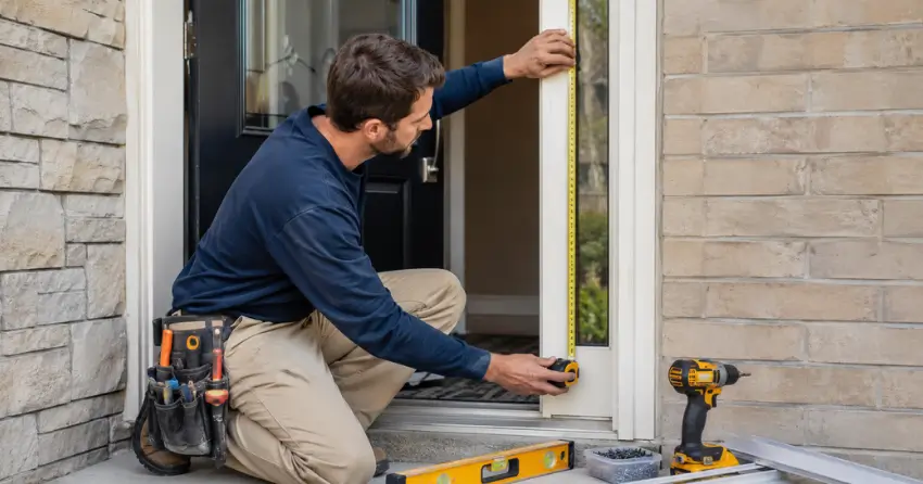 technician measuring door frame before storm door install in Ingersoll