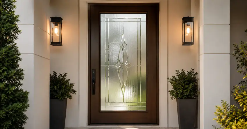 decorative frosted glass panel installed in a front door in Harvest Hills Towns, Ingersoll