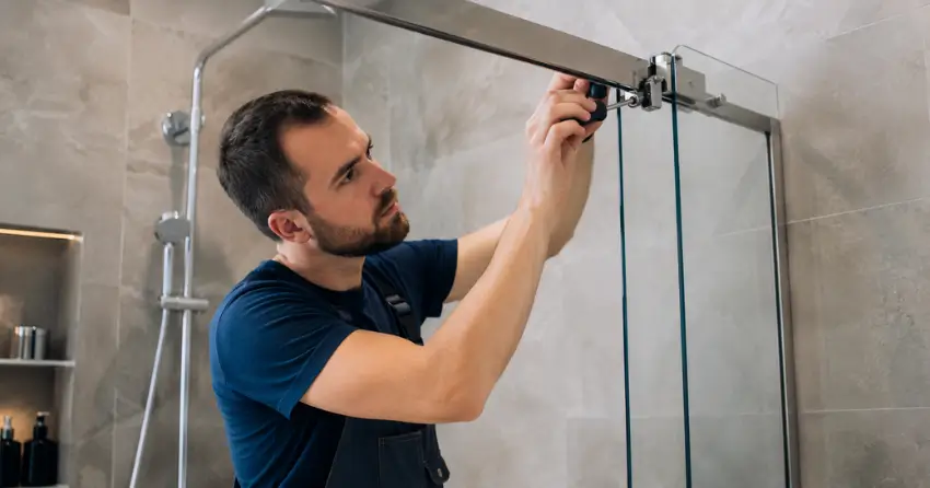 technician adjusting shower door hinge and track in Ingersoll