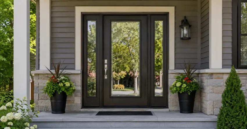 glass entry door with sidelights on a home in Oxford Village, Ingersoll
