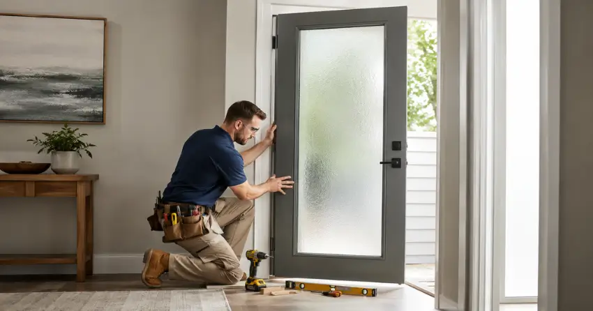 glass panel door installation with frosted privacy glass in residential setting in Oxford Village, Ingersoll