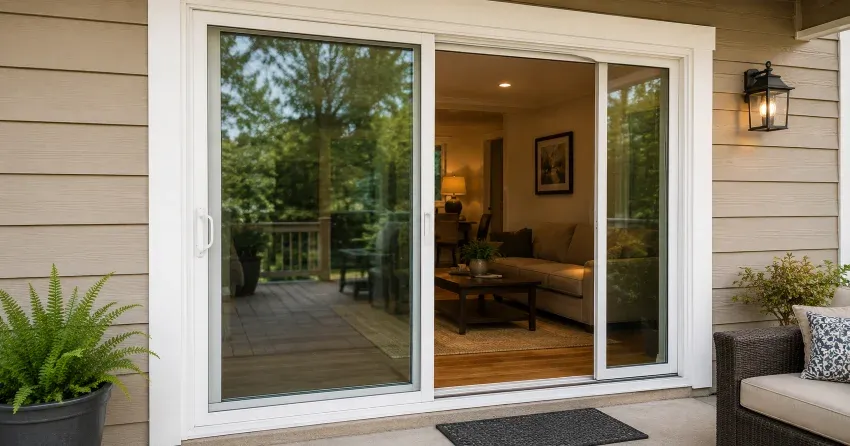 Patio Door Installation technician setting a new frame in Oxford Village, Ingersoll