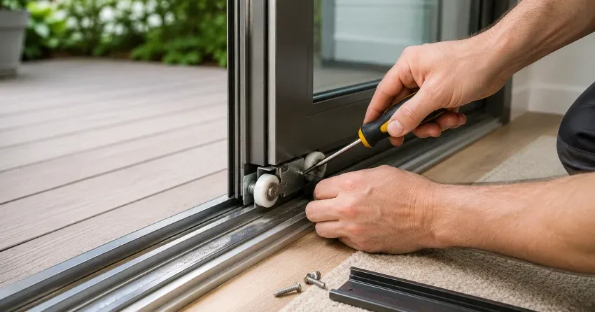 sliding door fix Oxford Village, Ingersoll technician diagnosing track issue