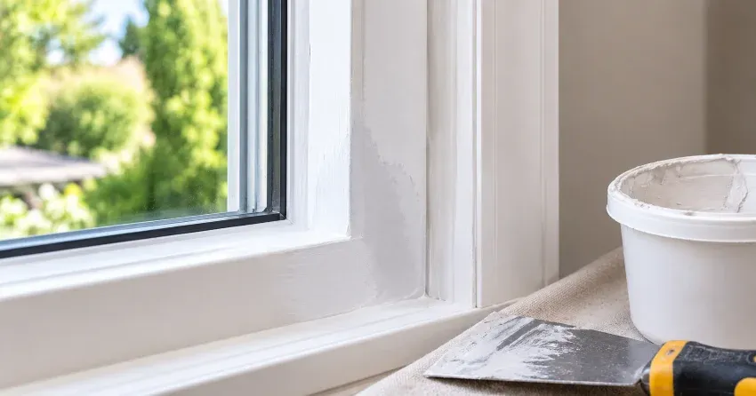 technician repairing rotted window frame corner in Ingersoll