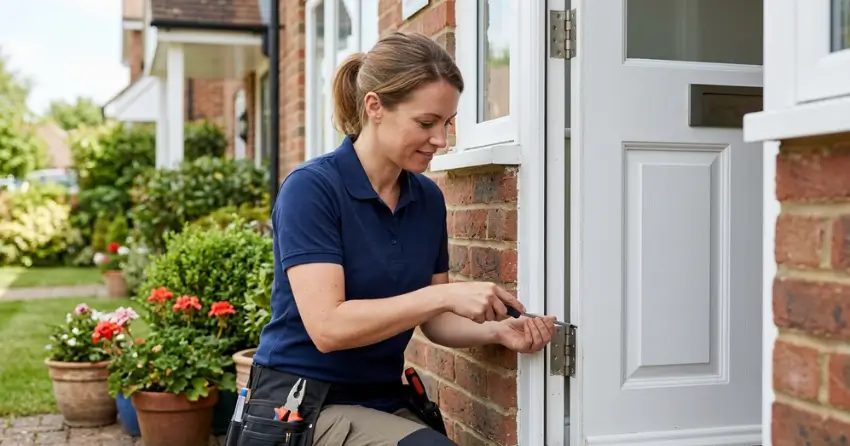 technician repairing exterior door hinge and frame in Ingersoll