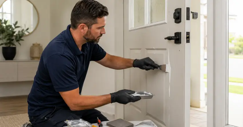 technician repairing fiberglass door surface crack in Harvest Hills Towns, Ingersoll