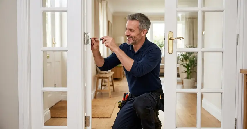 technician adjusting French door hinge for proper alignment in Oxford Village, Ingersoll