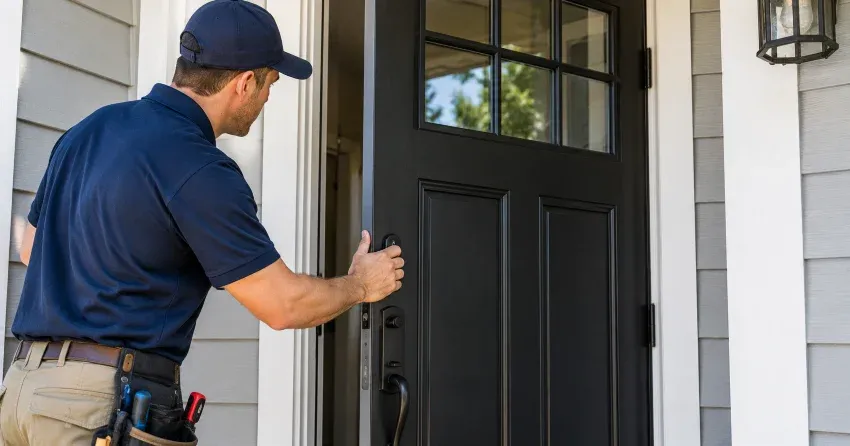 technician adjusting door hinge and strike plate in Harvest Hills Towns, Ingersoll home