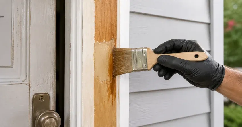 technician probing rotted wood on a door frame in Oxford Village, Ingersoll