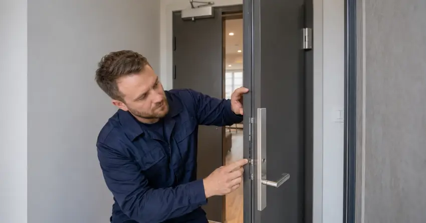 technician inspecting fire-rated door seal and hardware in Oxford Village, Ingersoll
