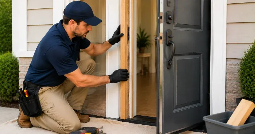 technician inspecting damaged door frame corner in Ingersoll