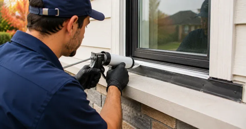 technician inspecting window flashing for leak source in HarrisView, Ingersoll