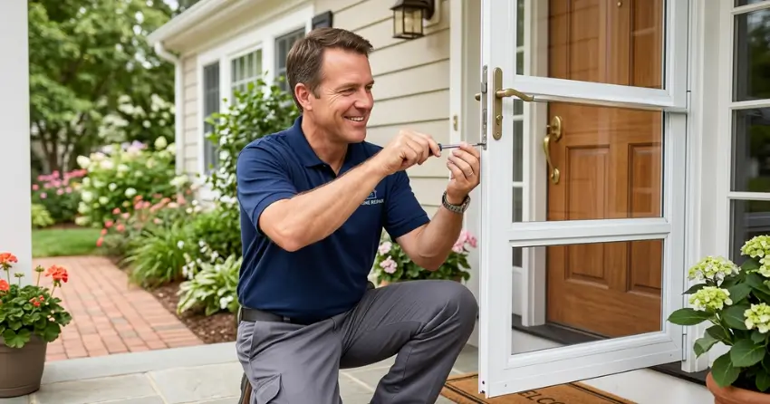 technician adjusting storm door hinge and closer in Oxford Village, Ingersoll