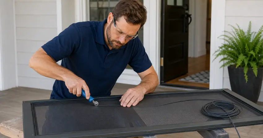 technician replacing screen door mesh and spline in Ingersoll